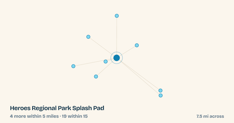 Map of Heroes Regional Park Splash Pad and the 19 other splash pads within 15 miles