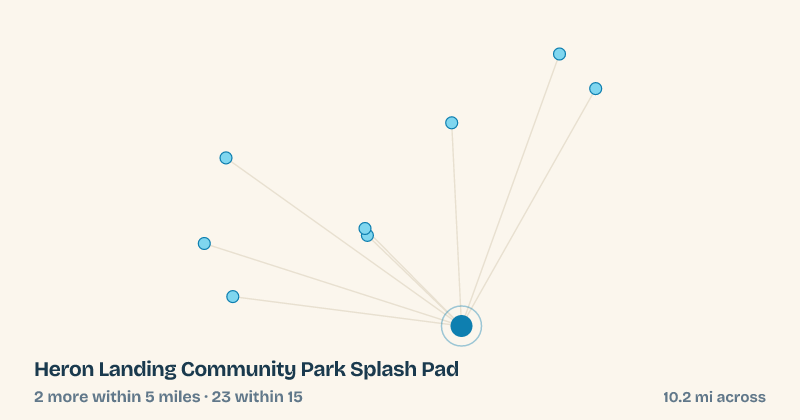 Map of Heron Landing Community Park Splash Pad and the 23 other splash pads within 15 miles
