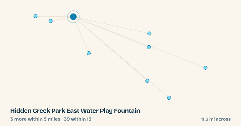 Map of Hidden Creek Park East Water Play Fountain and the 39 other splash pads within 15 miles