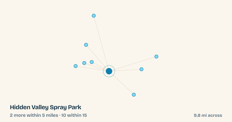 Map of Hidden Valley Spray Park and the 10 other splash pads within 15 miles