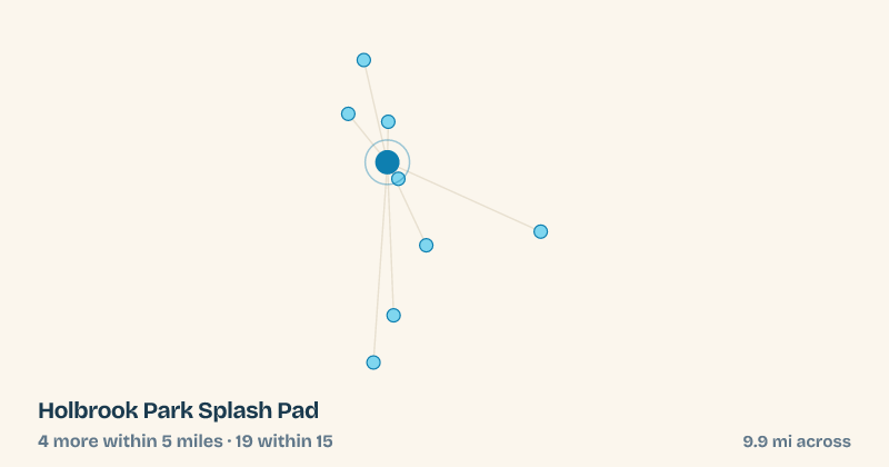 Map of Holbrook Park Splash Pad and the 19 other splash pads within 15 miles