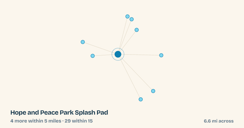 Map of Hope and Peace Park Splash Pad and the 29 other splash pads within 15 miles
