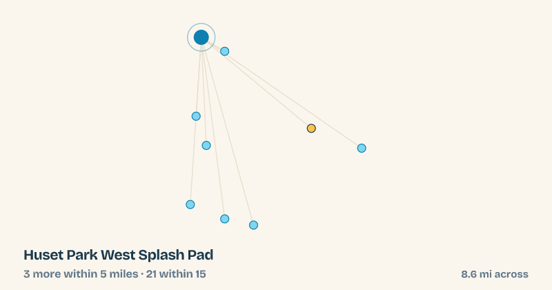 Map of Huset Park West Splash Pad and the 21 other splash pads within 15 miles