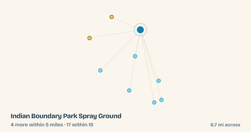 Map of Indian Boundary Park Spray Ground and the 17 other splash pads within 15 miles