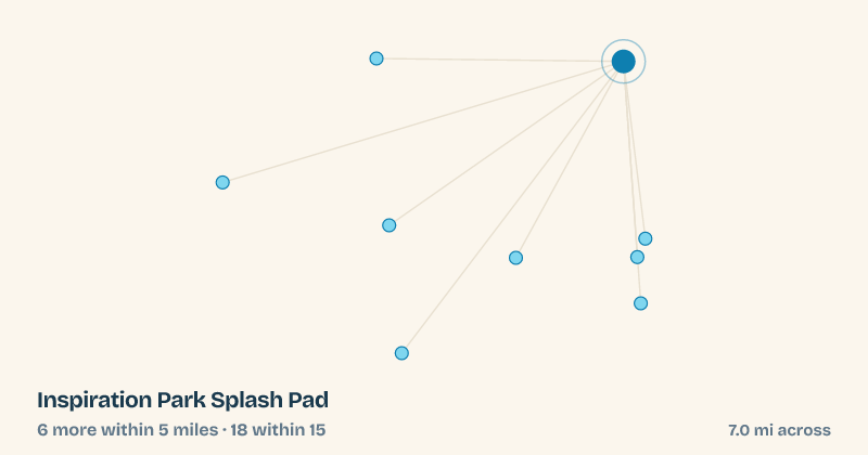 Map of Inspiration Park Splash Pad and the 18 other splash pads within 15 miles