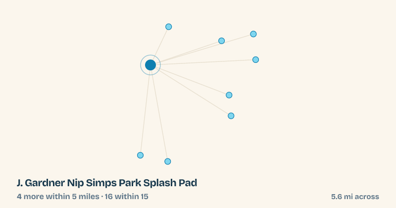 Map of J. Gardner Nip Simps Park Splash Pad and the 16 other splash pads within 15 miles
