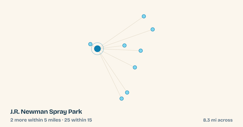Map of J.R. Newman Spray Park and the 25 other splash pads within 15 miles
