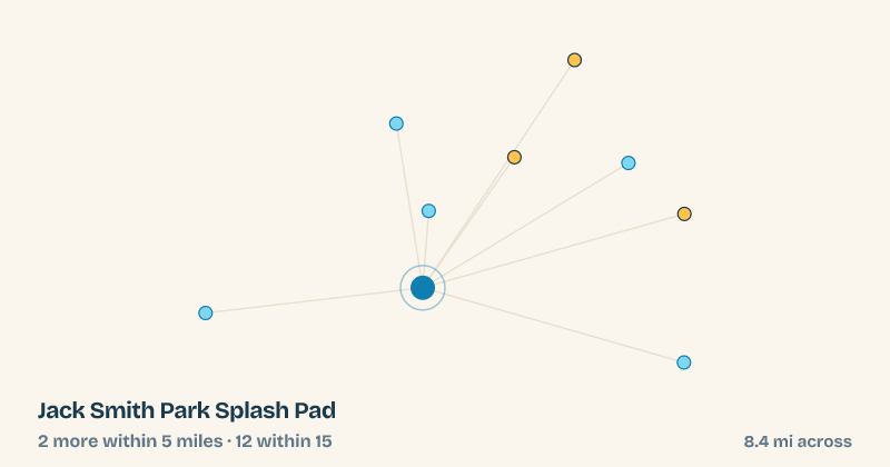 Map of Jack Smith Park Splash Pad and the 12 other splash pads within 15 miles