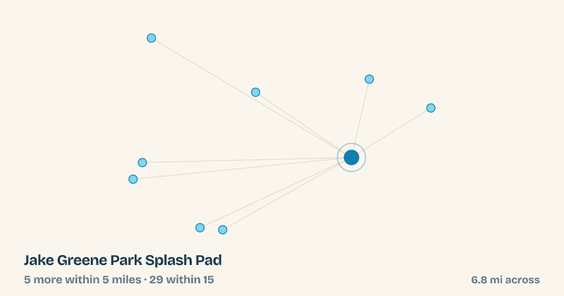 Map of Jake Greene Park Splash Pad and the 29 other splash pads within 15 miles