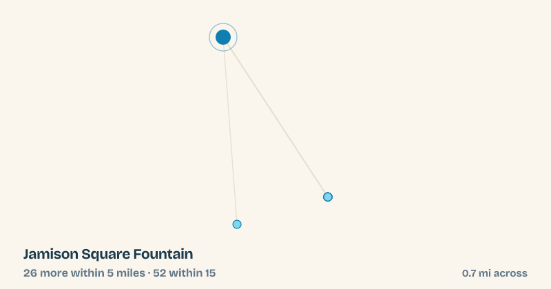 Map of Jamison Square Fountain and the 52 other splash pads within 15 miles