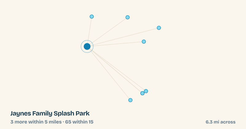 Map of Jaynes Family Splash Park and the 65 other splash pads within 15 miles