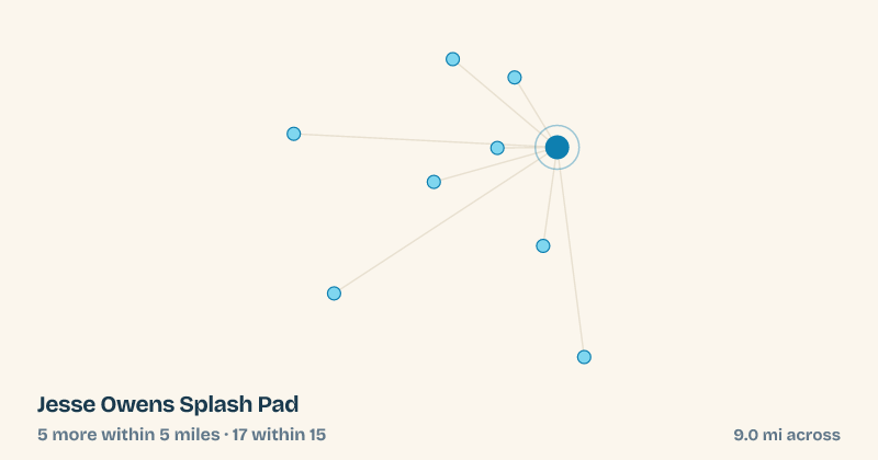 Map of Jesse Owens Splash Pad and the 17 other splash pads within 15 miles