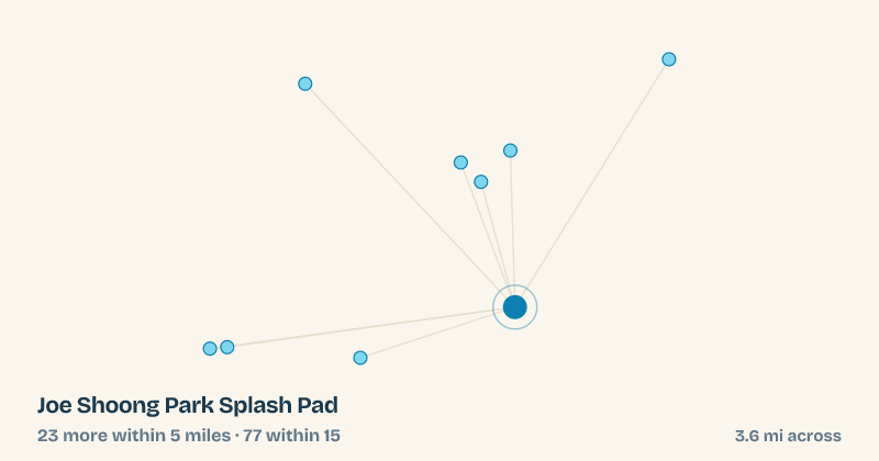 Map of Joe Shoong Park Splash Pad and the 77 other splash pads within 15 miles