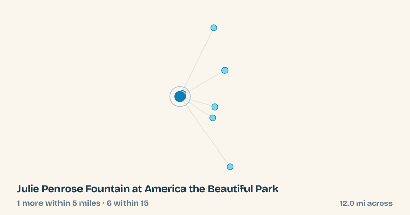 Map of Julie Penrose Fountain at America the Beautiful Park and the 6 other splash pads within 15 miles