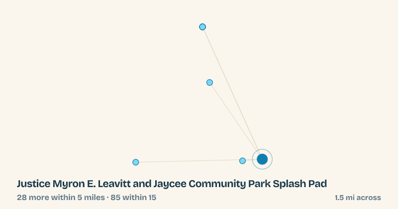 Map of Justice Myron E. Leavitt and Jaycee Community Park Splash Pad and the 85 other splash pads within 15 miles