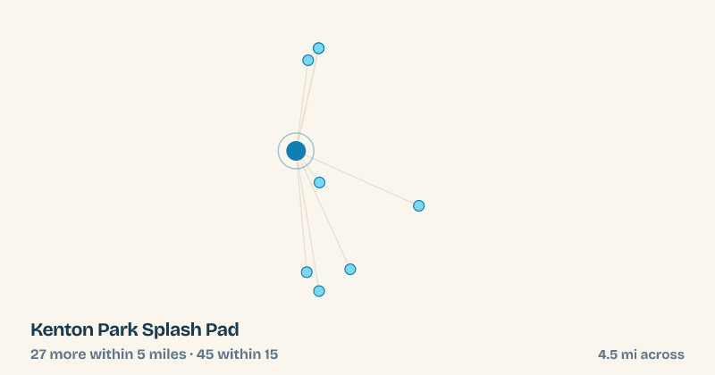 Map of Kenton Park Splash Pad and the 45 other splash pads within 15 miles