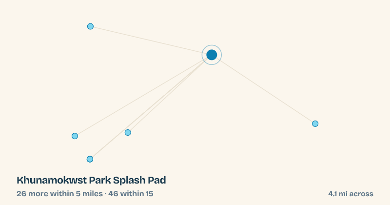 Map of Khunamokwst Park Splash Pad and the 46 other splash pads within 15 miles