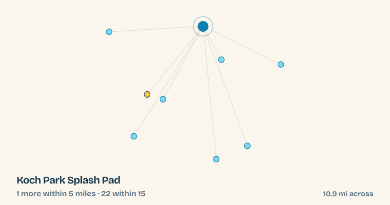 Map of Koch Park Splash Pad and the 22 other splash pads within 15 miles