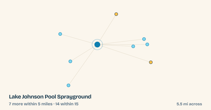 Map of Lake Johnson Pool Sprayground and the 14 other splash pads within 15 miles