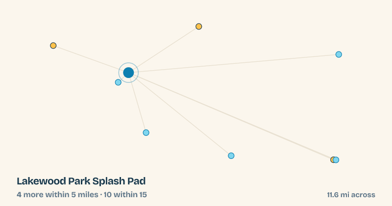 Map of Lakewood Park Splash Pad and the 10 other splash pads within 15 miles