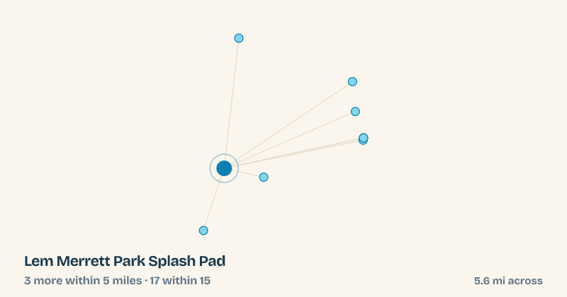 Map of Lem Merrett Park Splash Pad and the 17 other splash pads within 15 miles