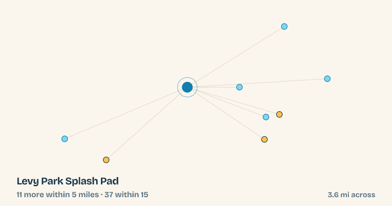 Map of Levy Park Splash Pad and the 37 other splash pads within 15 miles