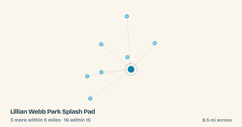Map of Lillian Webb Park Splash Pad and the 16 other splash pads within 15 miles