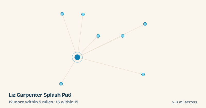 Map of Liz Carpenter Splash Pad and the 15 other splash pads within 15 miles