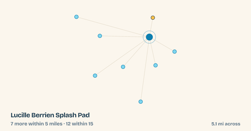 Map of Lucille Berrien Splash Pad and the 12 other splash pads within 15 miles