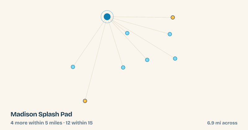 Map of Madison Splash Pad and the 12 other splash pads within 15 miles