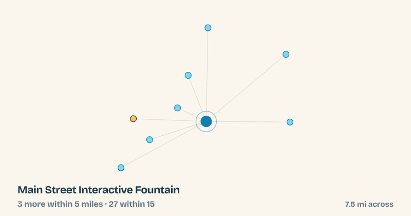 Map of Main Street Interactive Fountain and the 27 other splash pads within 15 miles