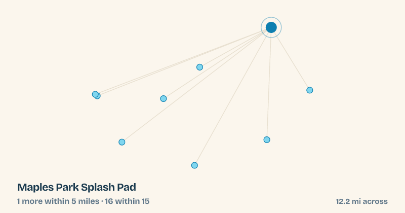 Map of Maples Park Splash Pad and the 16 other splash pads within 15 miles