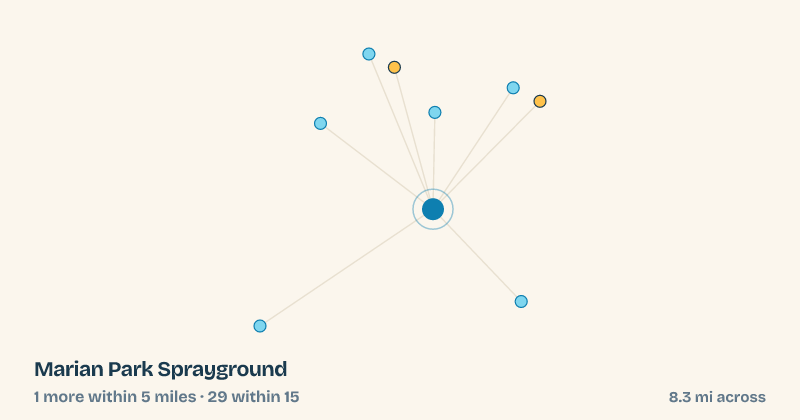 Map of Marian Park Sprayground and the 29 other splash pads within 15 miles
