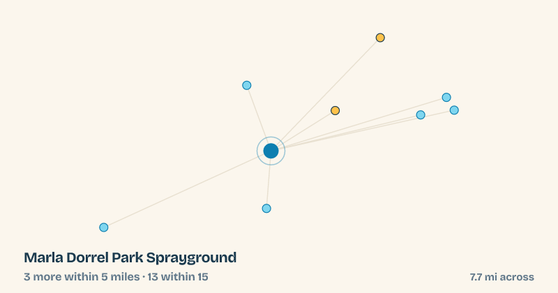 Map of Marla Dorrel Park Sprayground and the 13 other splash pads within 15 miles