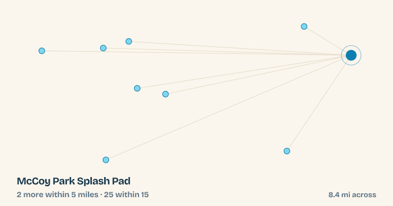 Map of McCoy Park Splash Pad and the 25 other splash pads within 15 miles