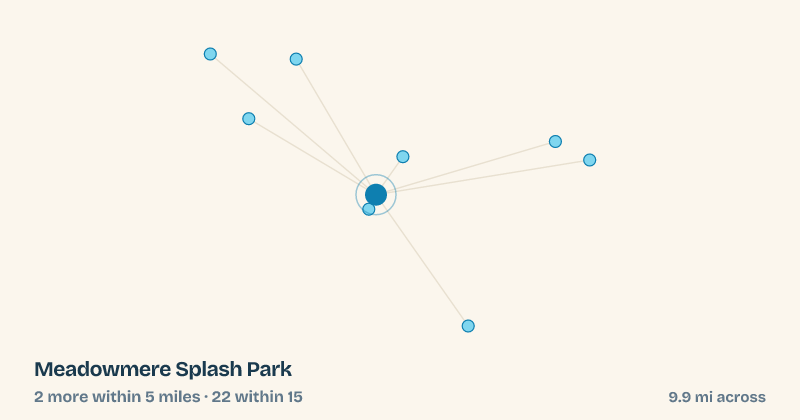 Map of Meadowmere Splash Park and the 22 other splash pads within 15 miles