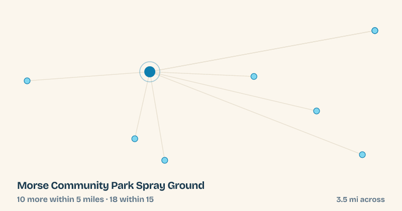 Map of Morse Community Park Spray Ground and the 18 other splash pads within 15 miles