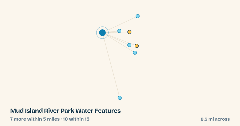 Map of Mud Island River Park Water Features and the 10 other splash pads within 15 miles