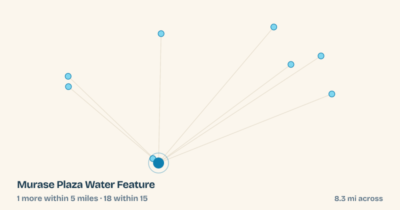 Map of Murase Plaza Water Feature and the 18 other splash pads within 15 miles