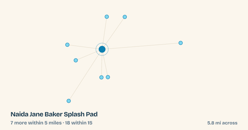 Map of Naida Jane Baker Splash Pad and the 18 other splash pads within 15 miles