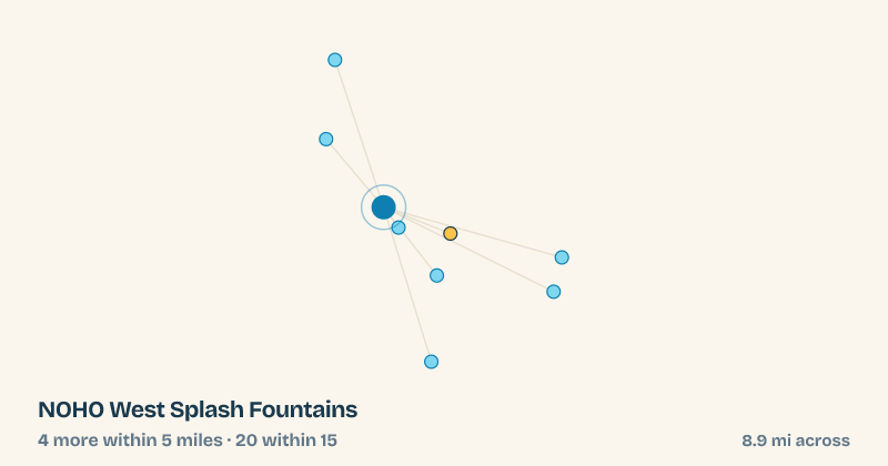 Map of NOHO West Splash Fountains and the 20 other splash pads within 15 miles