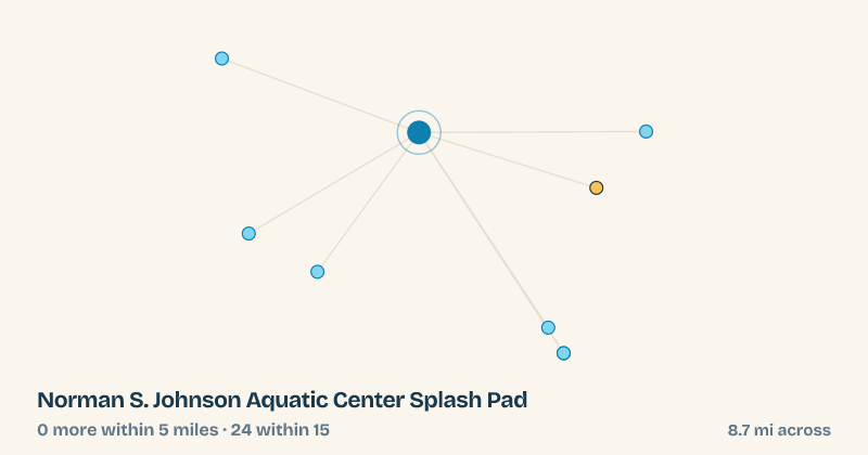 Map of Norman S. Johnson Aquatic Center Splash Pad and the 24 other splash pads within 15 miles