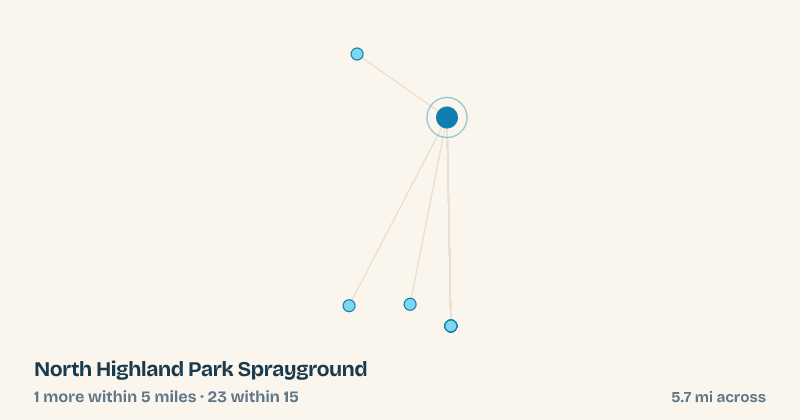 Map of North Highland Park Sprayground and the 23 other splash pads within 15 miles
