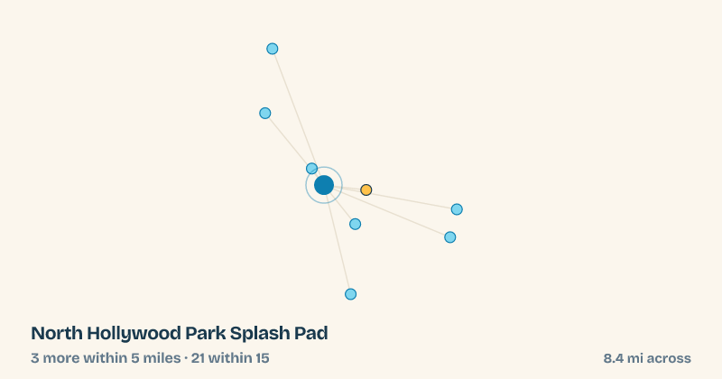 Map of North Hollywood Park Splash Pad and the 21 other splash pads within 15 miles