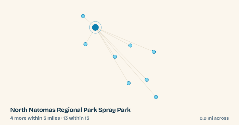 Map of North Natomas Regional Park Spray Park and the 13 other splash pads within 15 miles