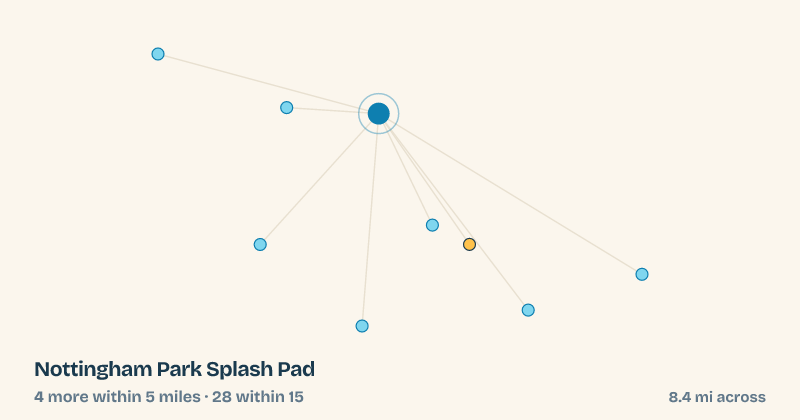 Map of Nottingham Park Splash Pad and the 28 other splash pads within 15 miles