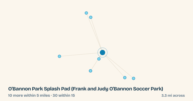Map of O'Bannon Park Splash Pad (Frank and Judy O'Bannon Soccer Park) and the 30 other splash pads within 15 miles