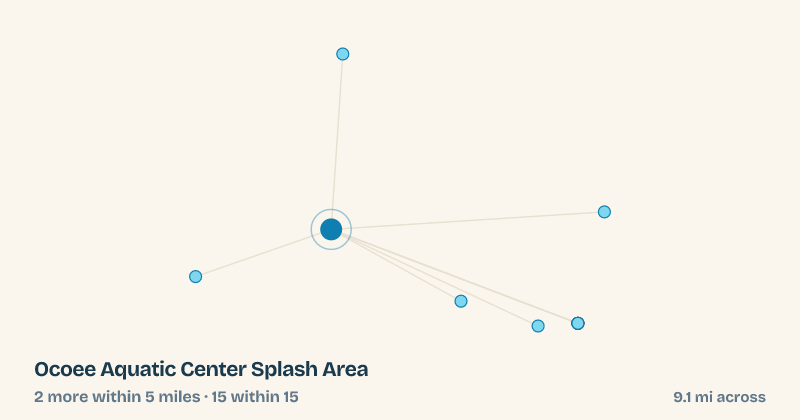 Map of Ocoee Aquatic Center Splash Area and the 15 other splash pads within 15 miles