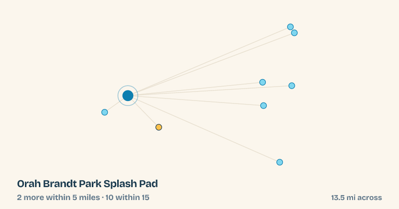 Map of Orah Brandt Park Splash Pad and the 10 other splash pads within 15 miles