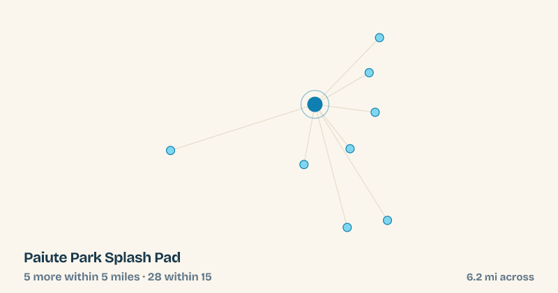 Map of Paiute Park Splash Pad and the 28 other splash pads within 15 miles